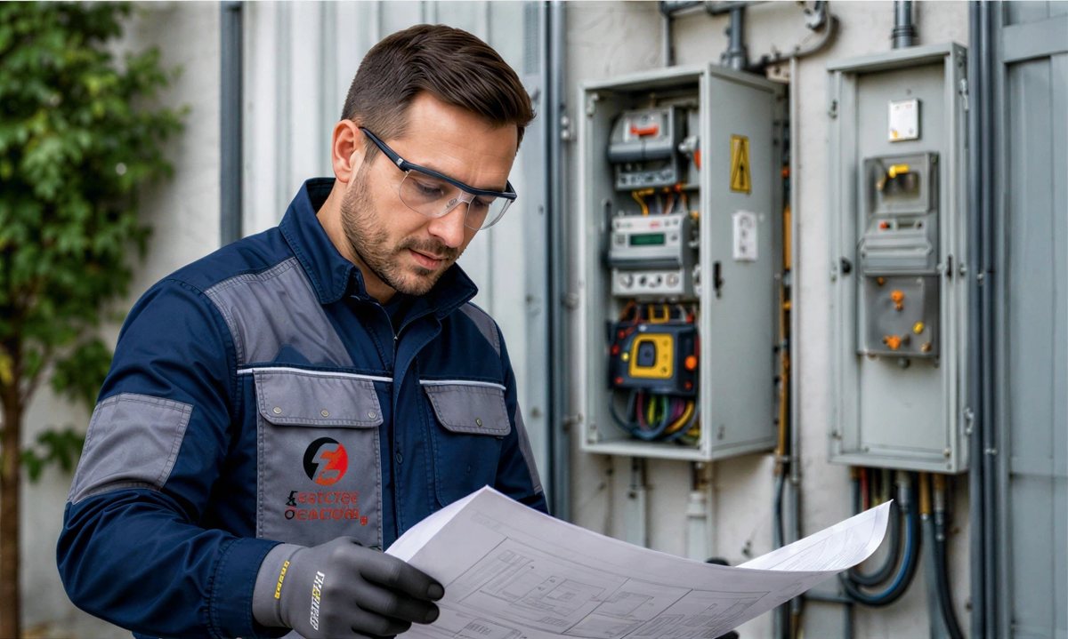 Electrician care studiază un plan lângă tablouri electrice